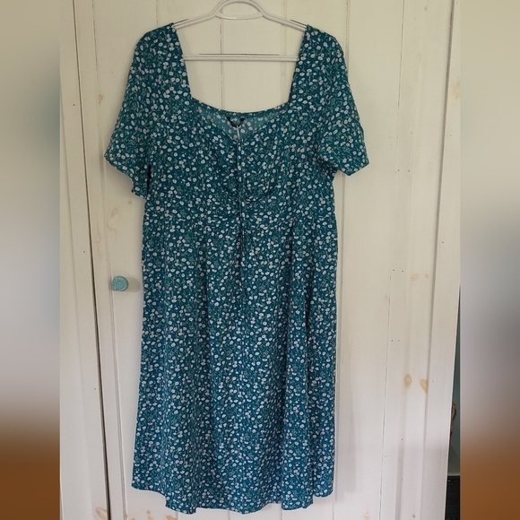 Ditsy Floral Drawstring Ruched Pocket Ruffle Tiered Teal Dress - Picture 3 of 10